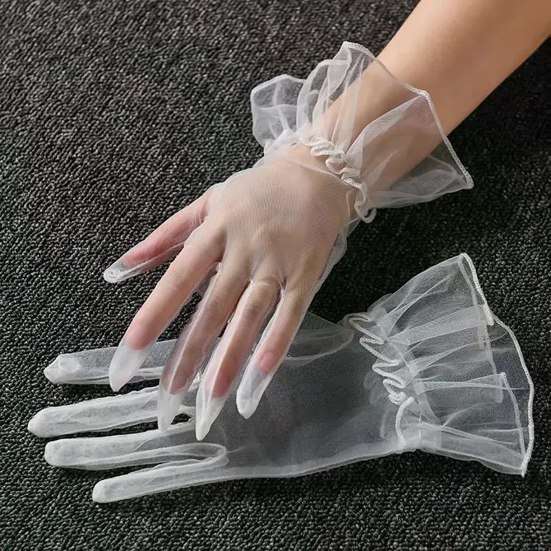 Women Short Tulle Gloves Sexy Lace Mittens Tulle Full Finger Gloves Lady Driving Glove Transparent Mittens Wedding Bridal Gloves