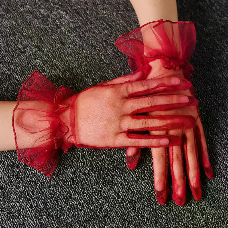 Women Short Tulle Gloves Sexy Lace Mittens Tulle Full Finger Gloves Lady Driving Glove Transparent Mittens Wedding Bridal Gloves