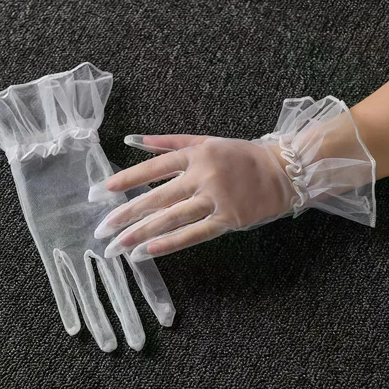 Women Short Tulle Gloves Sexy Lace Mittens Tulle Full Finger Gloves Lady Driving Glove Transparent Mittens Wedding Bridal Gloves