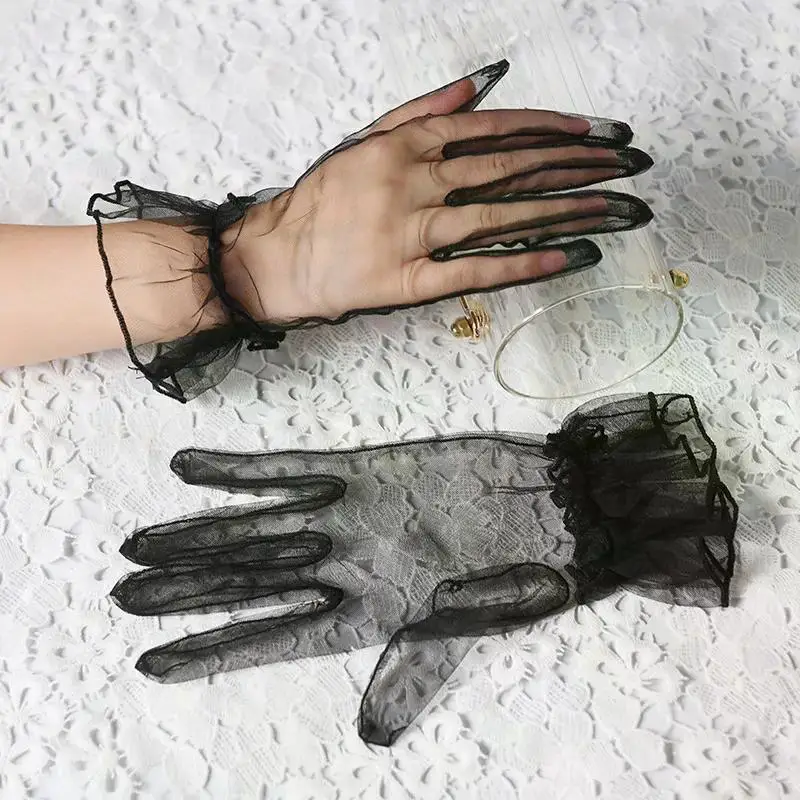 Women Short Tulle Gloves Sexy Lace Mittens Tulle Full Finger Gloves Lady Driving Glove Transparent Mittens Wedding Bridal Gloves