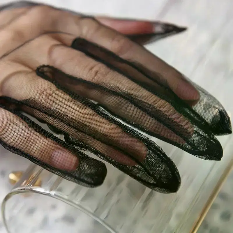 Women Short Tulle Gloves Sexy Lace Mittens Tulle Full Finger Gloves Lady Driving Glove Transparent Mittens Wedding Bridal Gloves