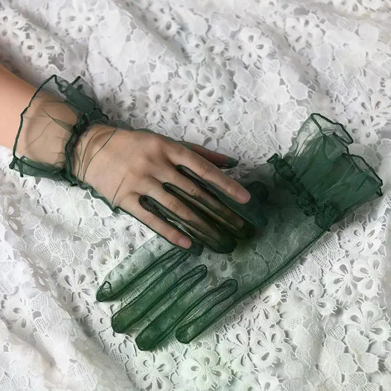 Women Short Tulle Gloves Sexy Lace Mittens Tulle Full Finger Gloves Lady Driving Glove Transparent Mittens Wedding Bridal Gloves