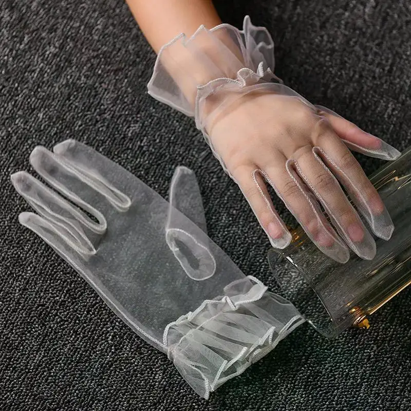 Women Short Tulle Gloves Sexy Lace Mittens Tulle Full Finger Gloves Lady Driving Glove Transparent Mittens Wedding Bridal Gloves