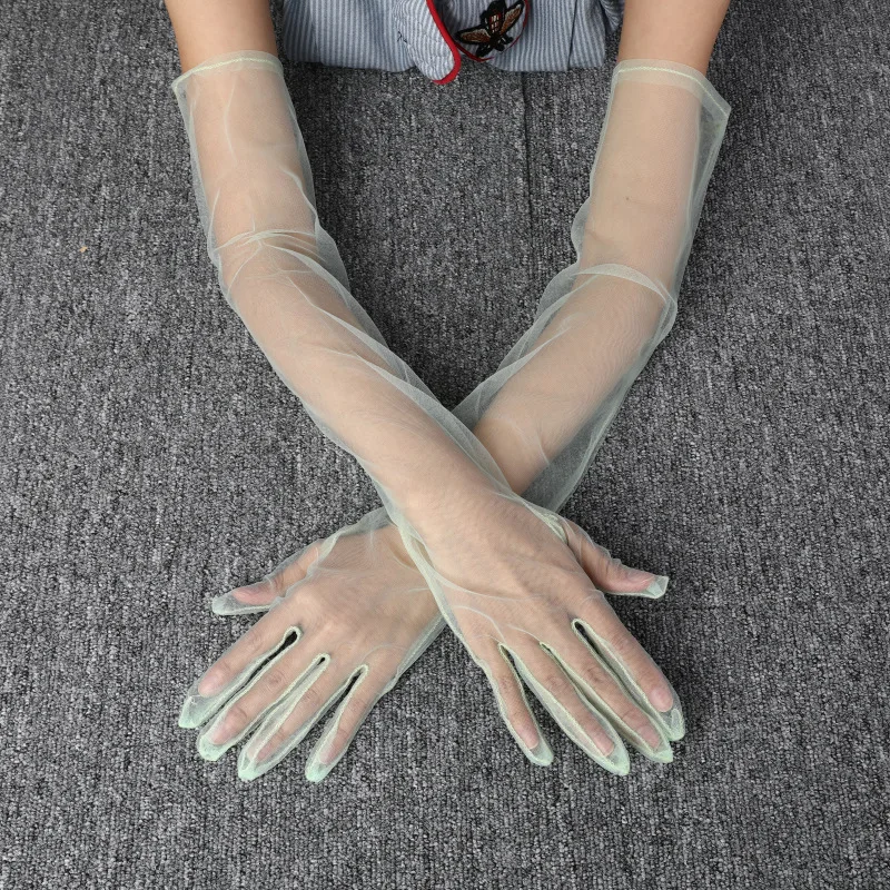 Women Sexy Lace Gloves White Black Mesh Tulle Gloves Driving Summer Sunscreen Mittens Wedding Etiquette Thin Elbow Long Gloves