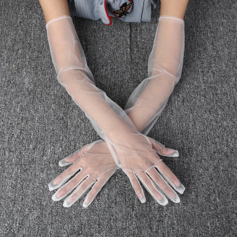 Women Sexy Lace Gloves White Black Mesh Tulle Gloves Driving Summer Sunscreen Mittens Wedding Etiquette Thin Elbow Long Gloves