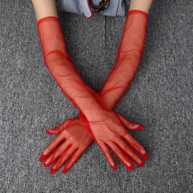 Women Sexy Lace Gloves White Black Mesh Tulle Gloves Driving Summer Sunscreen Mittens Wedding Etiquette Thin Elbow Long Gloves