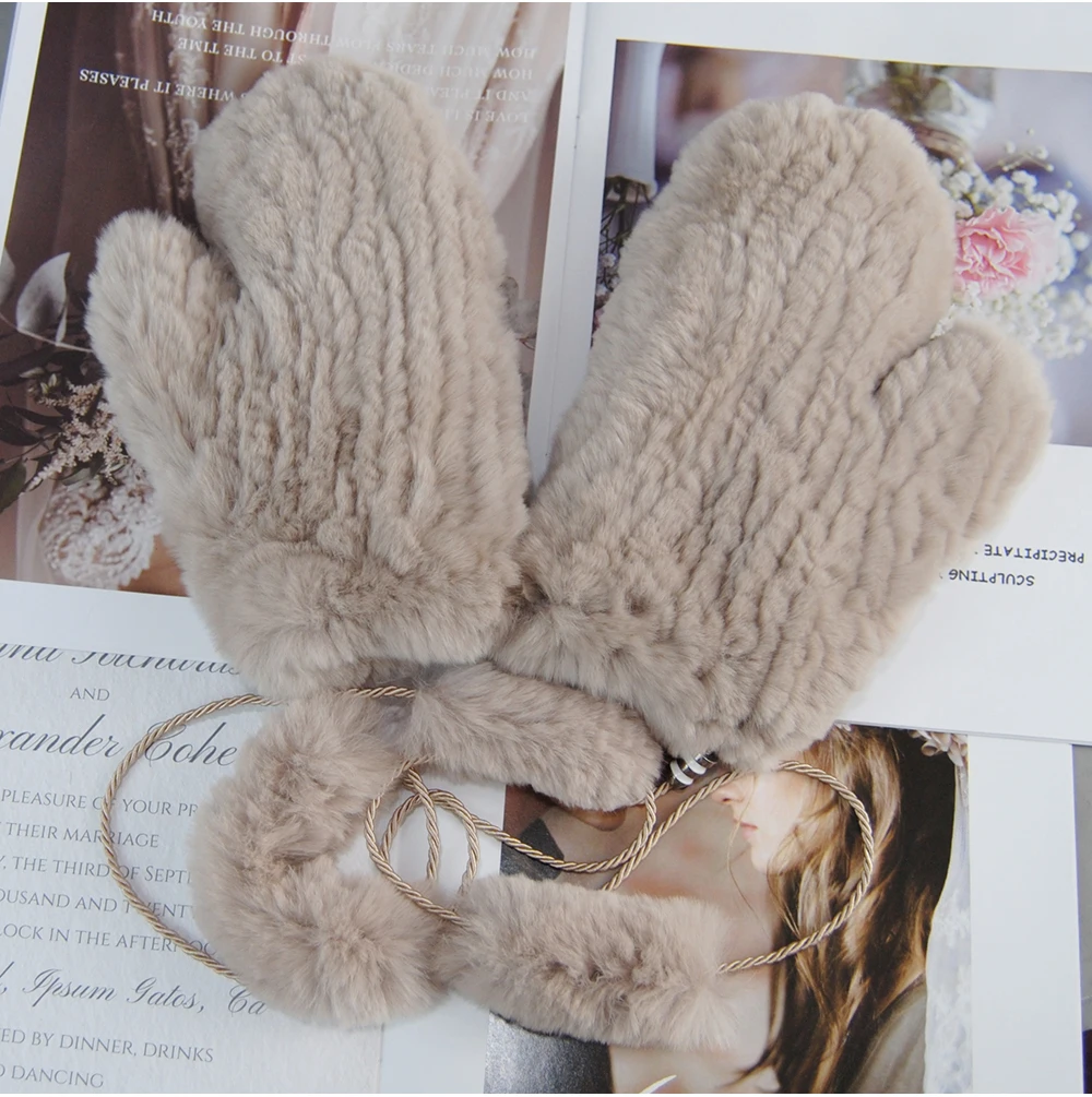 Hot Sale Natural Real Rex Rabbit Fur Gloves Good Elastic Women Winter Knitted Real Rabbit Fur Mittens Outdoor Genuine Fur Gloves