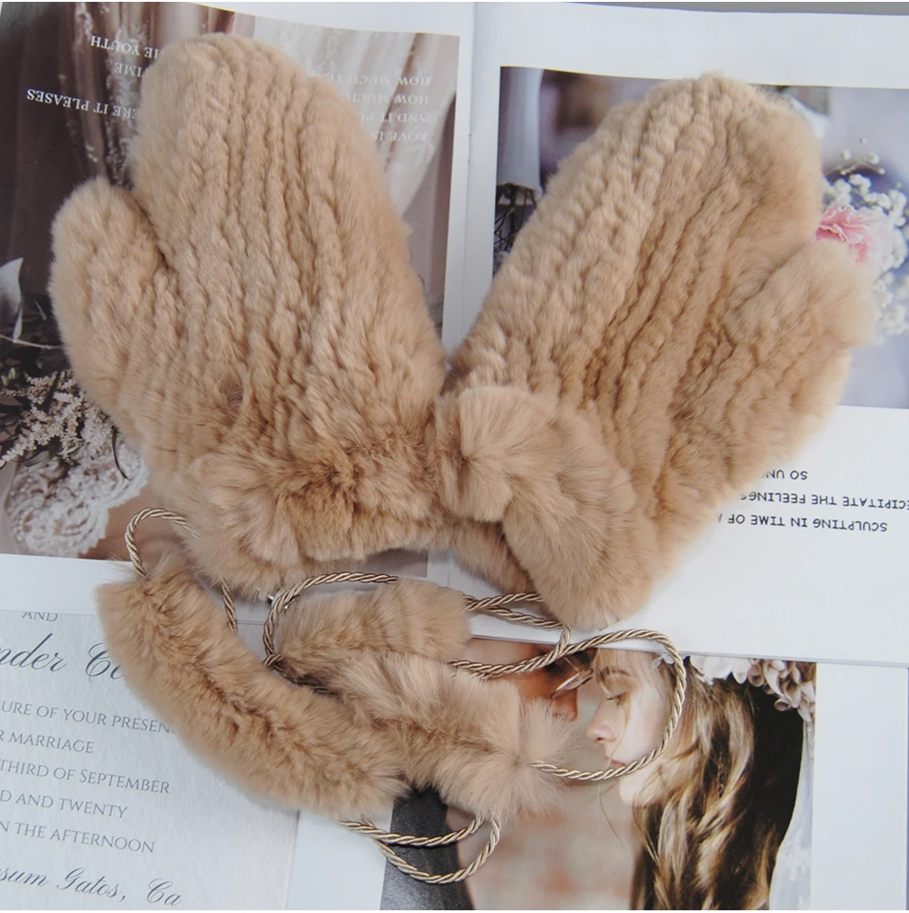 Hot Sale Natural Real Rex Rabbit Fur Gloves Good Elastic Women Winter Knitted Real Rabbit Fur Mittens Outdoor Genuine Fur Gloves