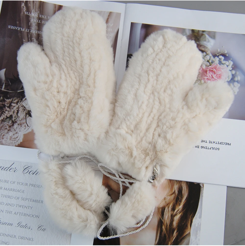 Hot Sale Natural Real Rex Rabbit Fur Gloves Good Elastic Women Winter Knitted Real Rabbit Fur Mittens Outdoor Genuine Fur Gloves