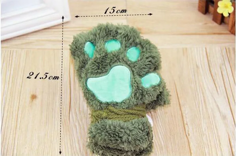 Women Lovely Cartoon Fluffy Bear Cat Claw Paw Mittens Winter Female Half Finger Plush Gloves Ladies Fingerless Warm Gloves G22