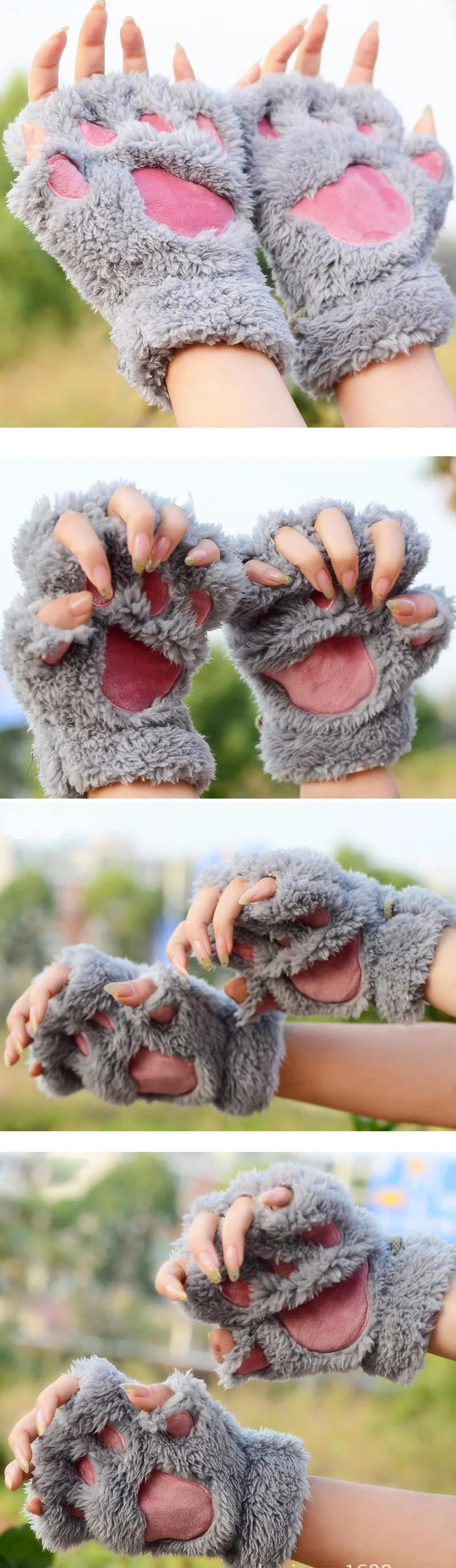 Women Lovely Cartoon Fluffy Bear Cat Claw Paw Mittens Winter Female Half Finger Plush Gloves Ladies Fingerless Warm Gloves G22