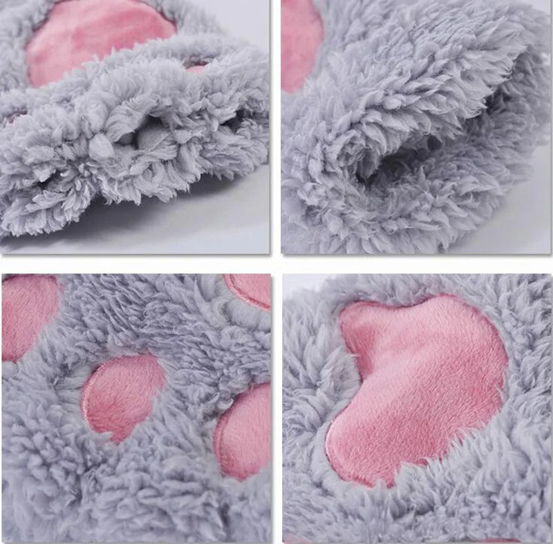 Women Lovely Cartoon Fluffy Bear Cat Claw Paw Mittens Winter Female Half Finger Plush Gloves Ladies Fingerless Warm Gloves G22