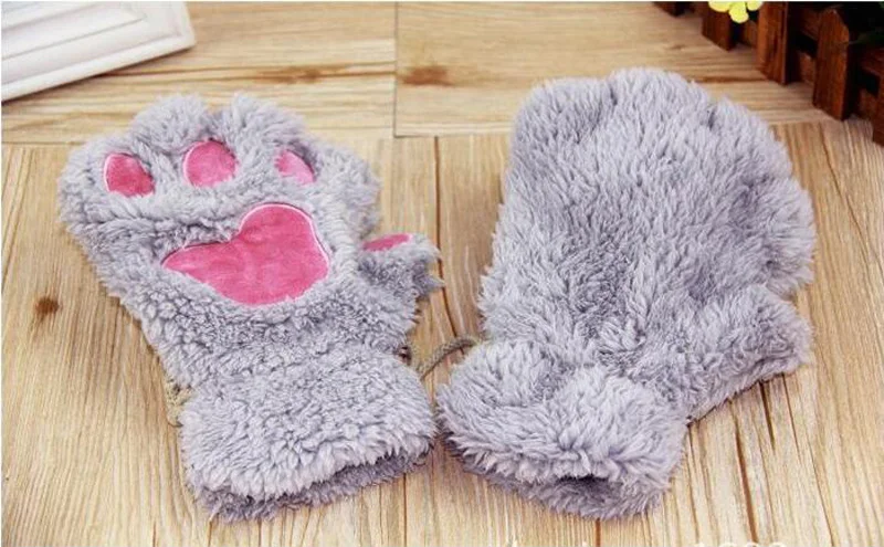 Women Lovely Cartoon Fluffy Bear Cat Claw Paw Mittens Winter Female Half Finger Plush Gloves Ladies Fingerless Warm Gloves G22