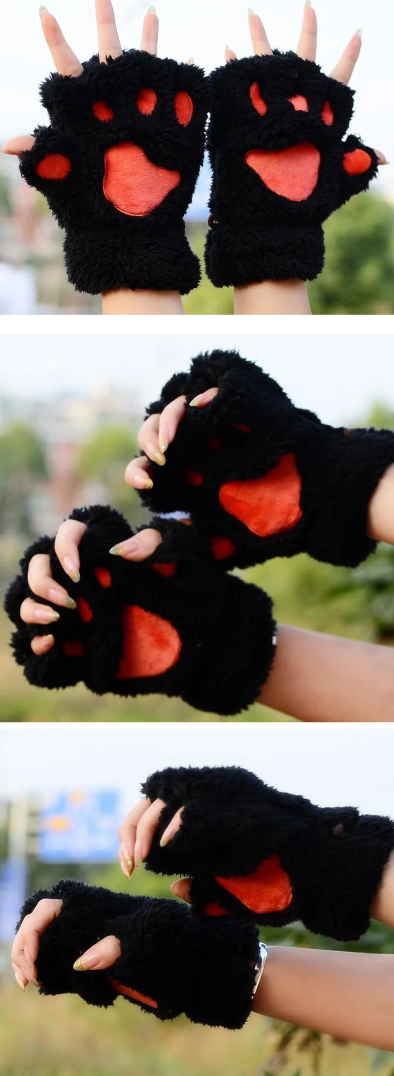 Women Lovely Cartoon Fluffy Bear Cat Claw Paw Mittens Winter Female Half Finger Plush Gloves Ladies Fingerless Warm Gloves G22