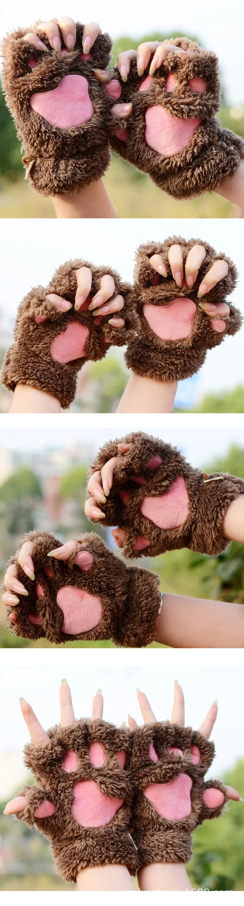 Women Lovely Cartoon Fluffy Bear Cat Claw Paw Mittens Winter Female Half Finger Plush Gloves Ladies Fingerless Warm Gloves G22
