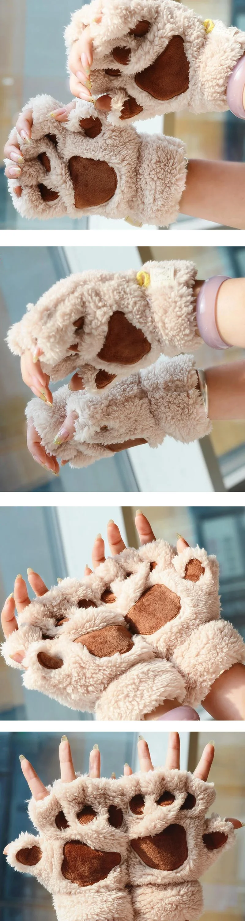 Women Lovely Cartoon Fluffy Bear Cat Claw Paw Mittens Winter Female Half Finger Plush Gloves Ladies Fingerless Warm Gloves G22