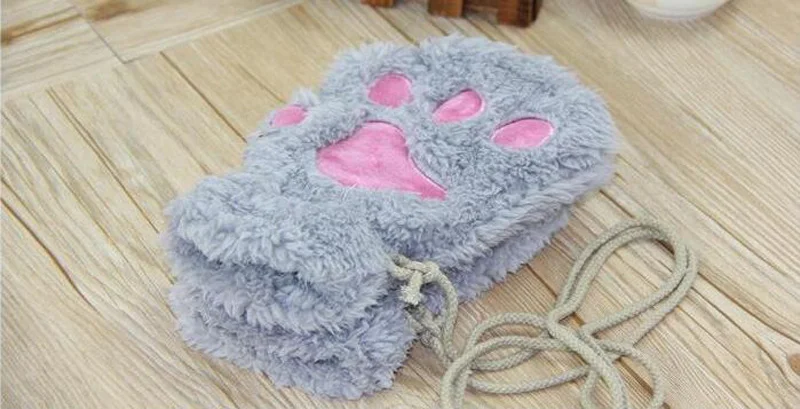 Women Lovely Cartoon Fluffy Bear Cat Claw Paw Mittens Winter Female Half Finger Plush Gloves Ladies Fingerless Warm Gloves G22