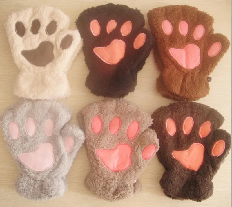 Women Lovely Cartoon Fluffy Bear Cat Claw Paw Mittens Winter Female Half Finger Plush Gloves Ladies Fingerless Warm Gloves G22