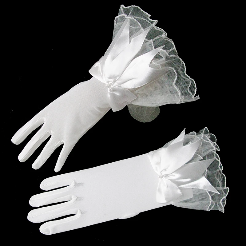 Ladies Important Dress Gloves Short Net Yarn Lace Bow Gloves Red Black Beige White B100