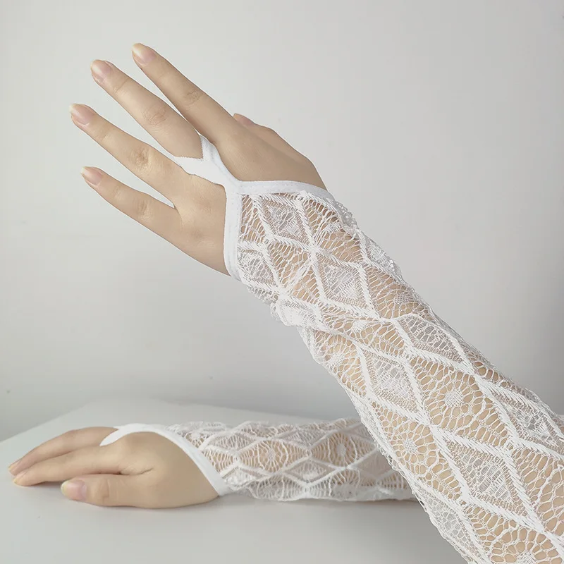 Sexy Summer Female Hook Finger Sunscreen Long Lace Sleeve Mitten Women Driving Diamond Mesh Sun Anti-UV Black Silk Sex Glove