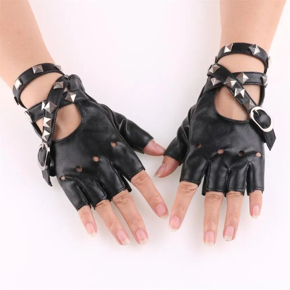 Leather Punk Glove Rivet Fingerless Mittens Motor Driving Ride Gloves Motorcycle Accessories Disco Dancing Rock and Roll Black
