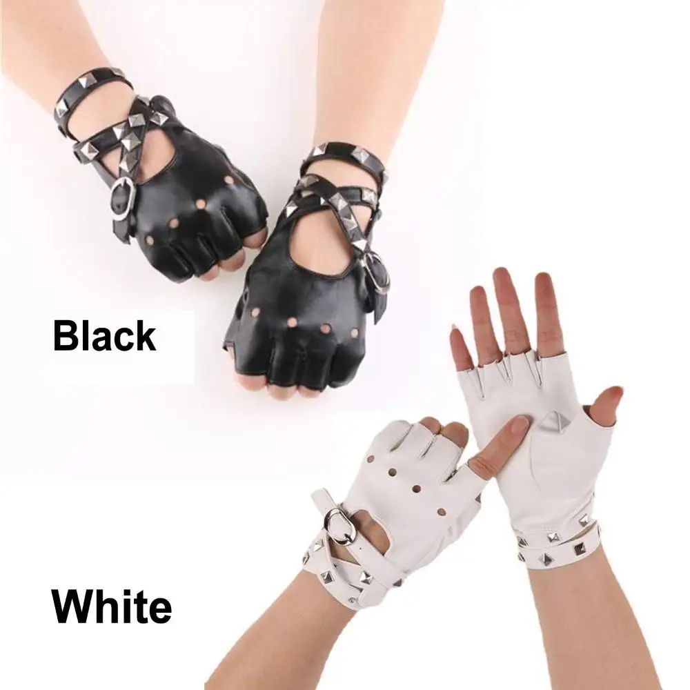 Leather Punk Glove Rivet Fingerless Mittens Motor Driving Ride Gloves Motorcycle Accessories Disco Dancing Rock and Roll Black