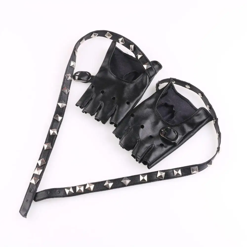 Leather Punk Glove Rivet Fingerless Mittens Motor Driving Ride Gloves Motorcycle Accessories Disco Dancing Rock and Roll Black