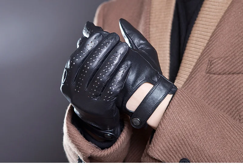 Men's Fashion Genuine Leather Breathable Hole Summer Sports Riding Moto Non-slip Gloves Sheepskin Touch Screen Driving Glove A63