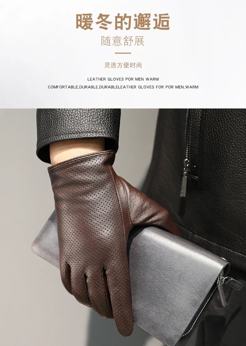 2023 Men's Genuine Leather Gloves Sheepskin Fashion Driving Riding Gloves Hollow Breathable Thin Mitten For Male