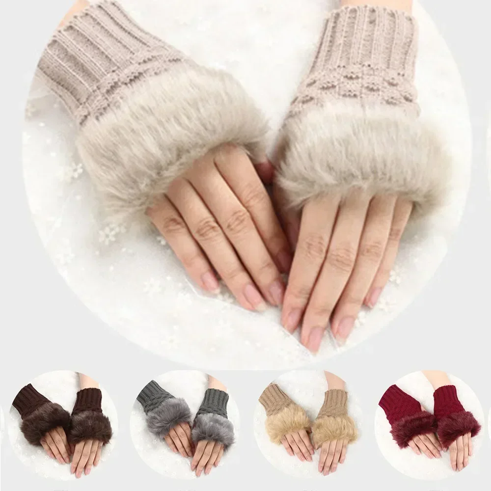 Y2k Style Women's Winter Gloves Faux Fur Knitting Hand Warmer Women Half Finger Gloves Wrist Mittens Writting Arm Wrist Gants