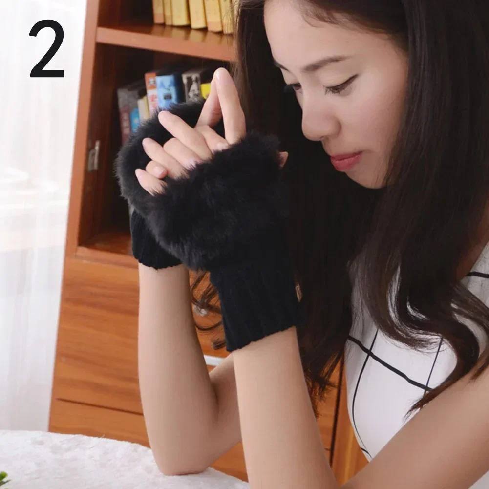 Y2k Style Women's Winter Gloves Faux Fur Knitting Hand Warmer Women Half Finger Gloves Wrist Mittens Writting Arm Wrist Gants