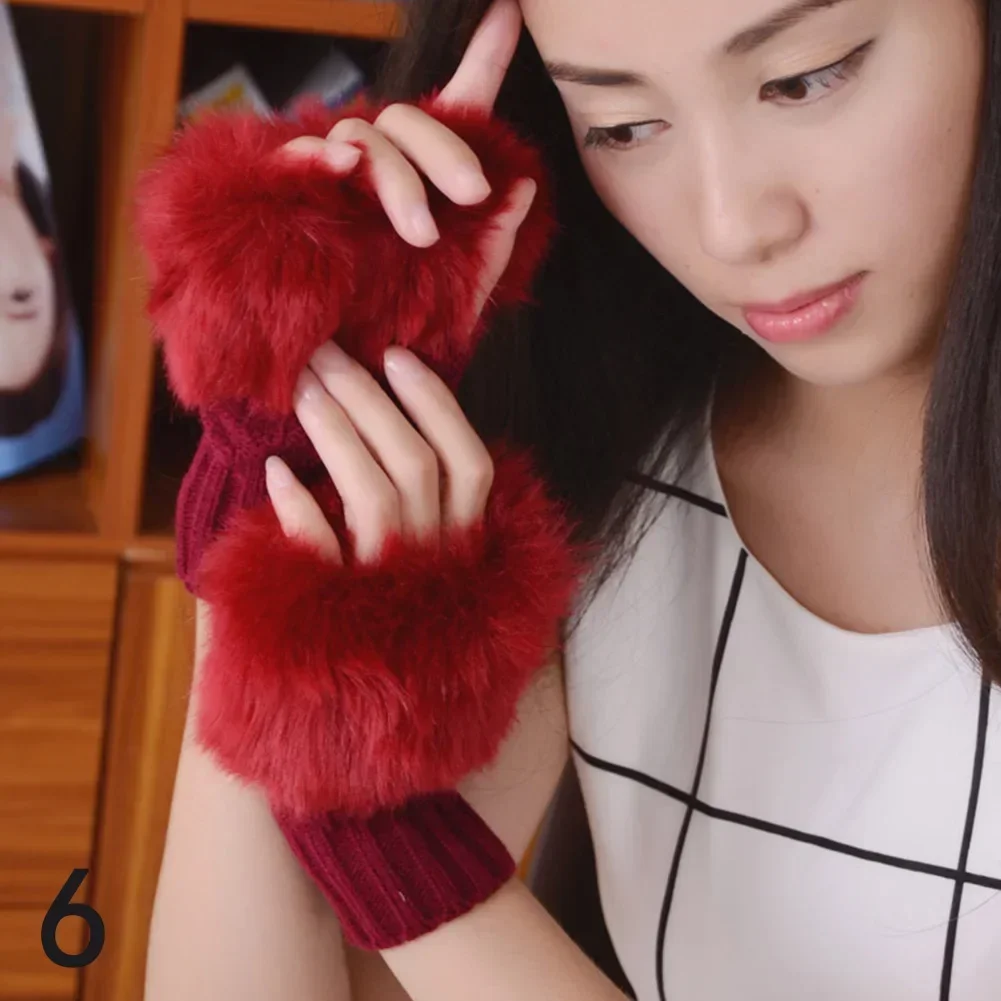 Y2k Style Women's Winter Gloves Faux Fur Knitting Hand Warmer Women Half Finger Gloves Wrist Mittens Writting Arm Wrist Gants