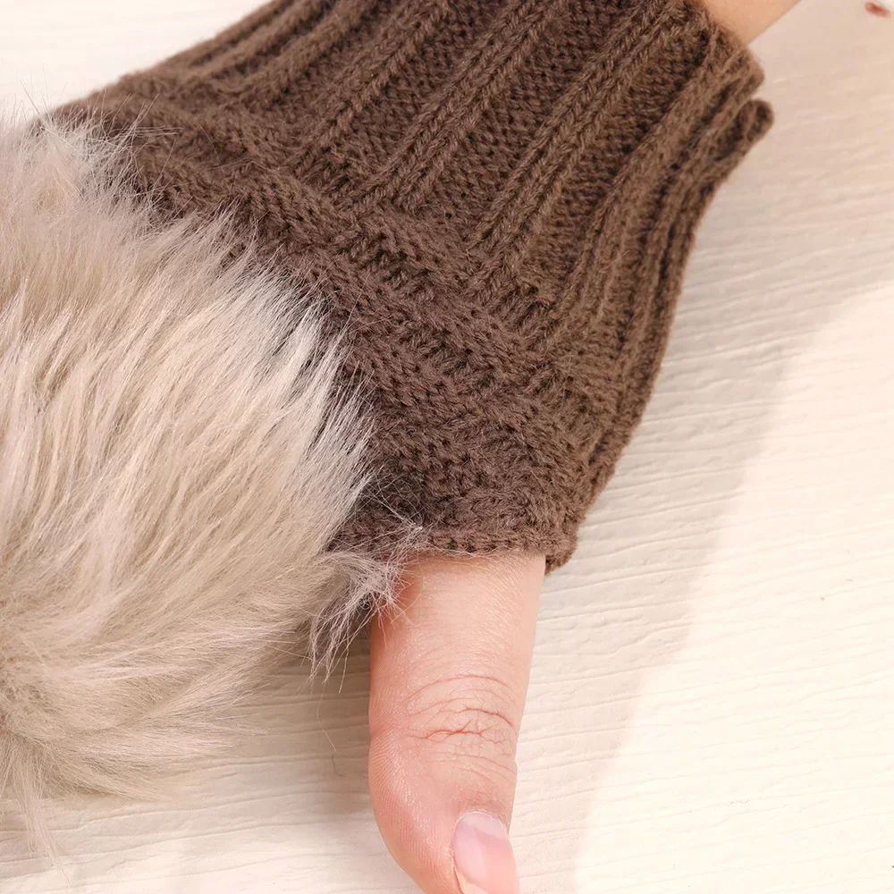 Y2k Style Women's Winter Gloves Faux Fur Knitting Hand Warmer Women Half Finger Gloves Wrist Mittens Writting Arm Wrist Gants