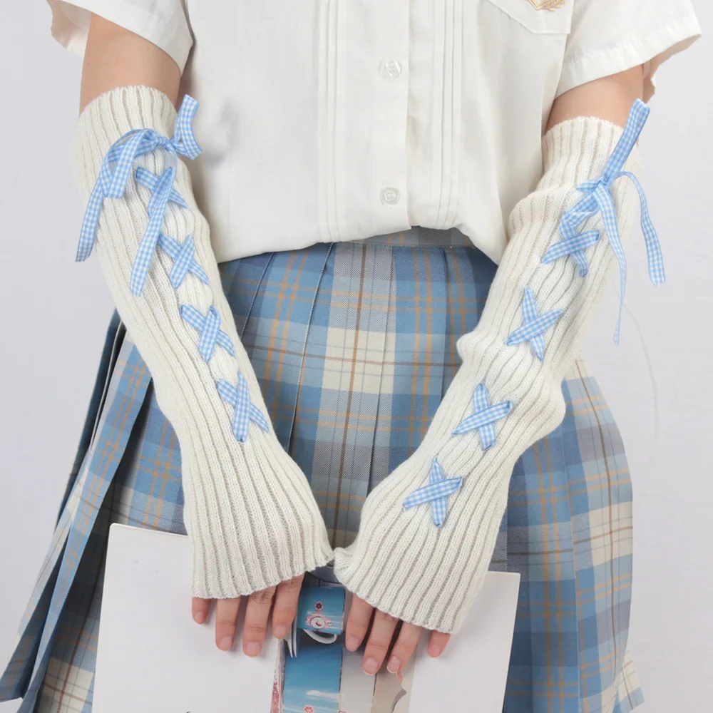 2024 Women Autumn Winter Knit Arm Sleeves Japanese White Goth Kawaii Lolita Fingerless Gloves Leg Warmers Harajuku Stockings