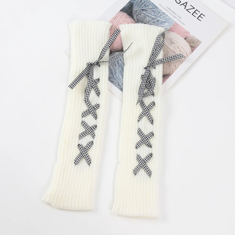 2024 Women Autumn Winter Knit Arm Sleeves Japanese White Goth Kawaii Lolita Fingerless Gloves Leg Warmers Harajuku Stockings