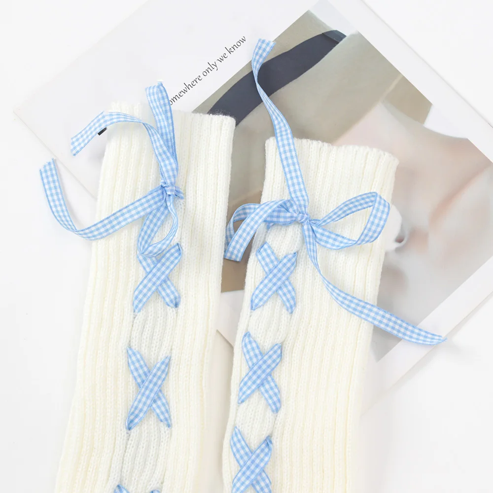 2024 Women Autumn Winter Knit Arm Sleeves Japanese White Goth Kawaii Lolita Fingerless Gloves Leg Warmers Harajuku Stockings