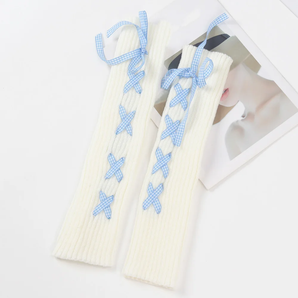 2024 Women Autumn Winter Knit Arm Sleeves Japanese White Goth Kawaii Lolita Fingerless Gloves Leg Warmers Harajuku Stockings