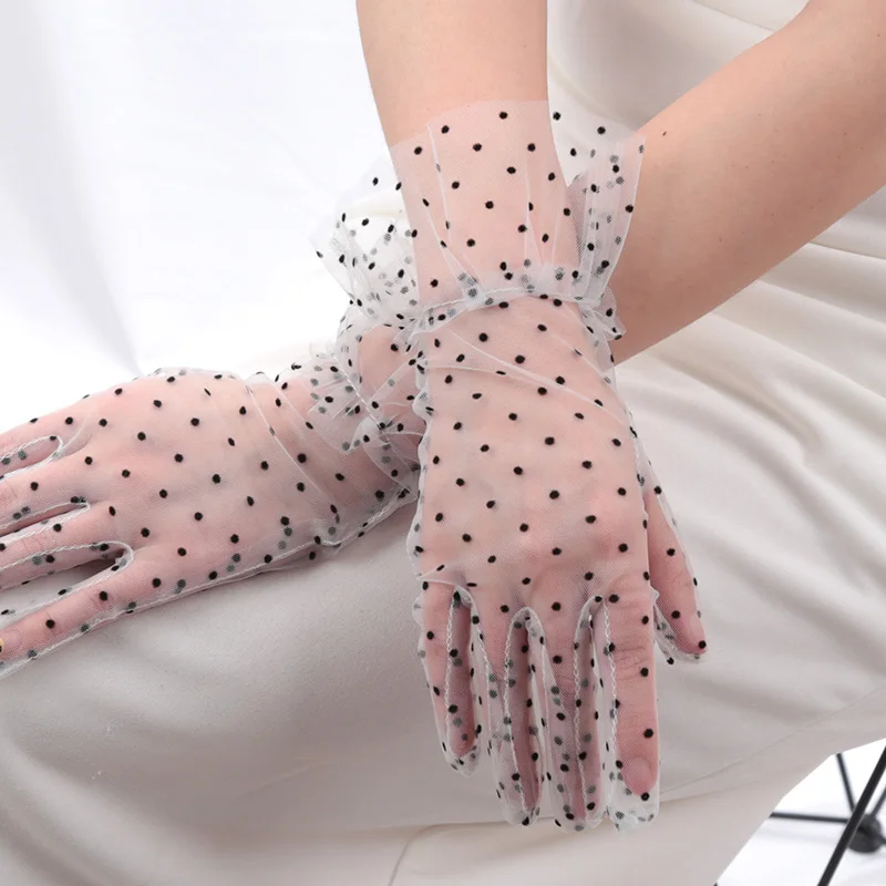 Women Sexy Lace Gloves Transparentes Dot Mesh Short Tulle Mittens Club Prom Party Dancing Fishnet White Dress Breathable Glove