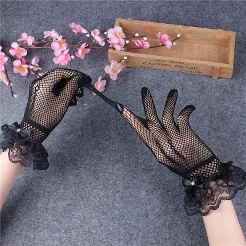 1Pair Lace Mittens Full Finger Girls Lace Fashion Gloves Women Black White Summer Uv-proof Driving Gloves Mesh Fishnet Gloves