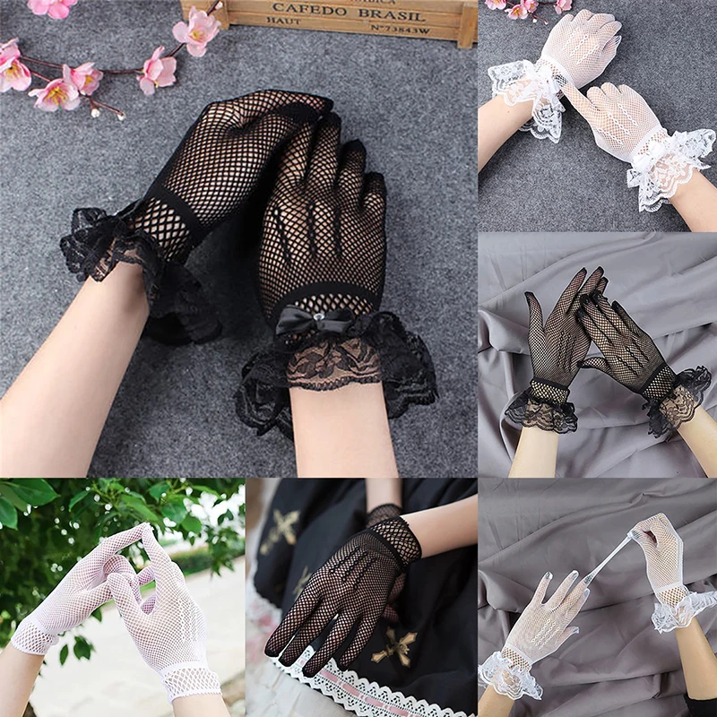1Pair Lace Mittens Full Finger Girls Lace Fashion Gloves Women Black White Summer Uv-proof Driving Gloves Mesh Fishnet Gloves