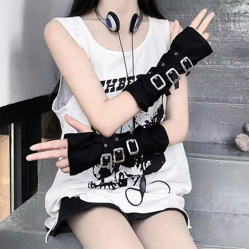 Punk Gothic Hip-hop Style Metal Buckle Half Finger Gloves Lolita Cosplay Stage Performances Women Sexy Elasticity Gloves