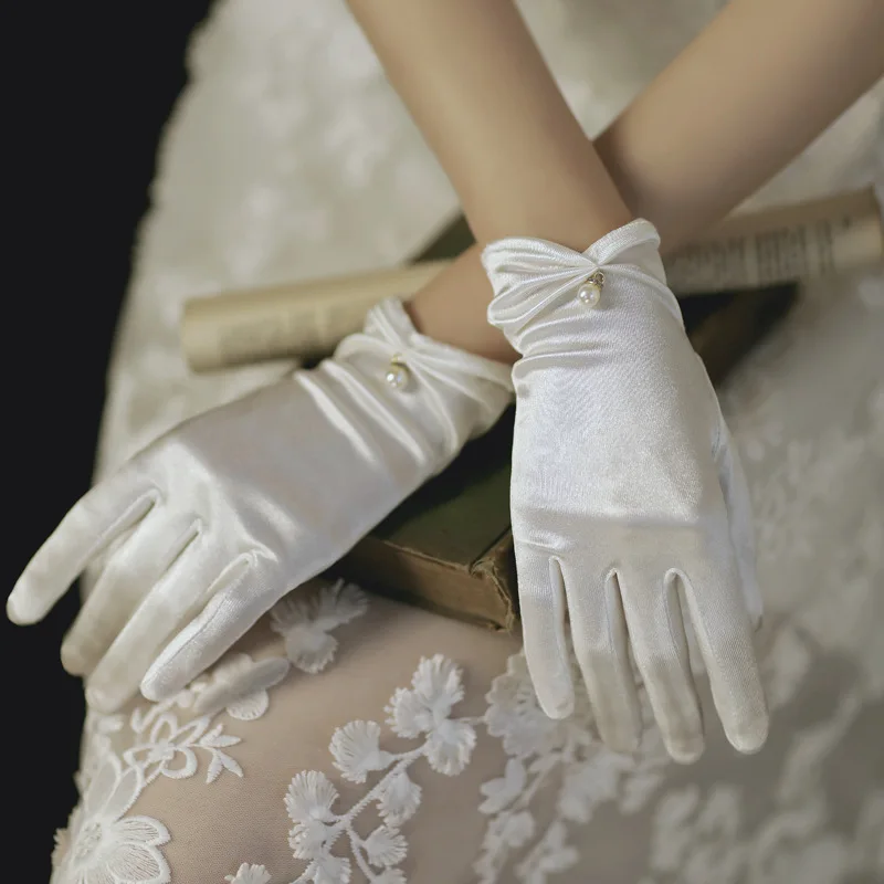 23cm Women Solid Smooth Imitation Satin Pendant Short Gloves Cosplay Stage Performance Party Concert Wedding Bride