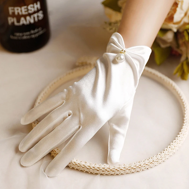 23cm Women Solid Smooth Imitation Satin Pendant Short Gloves Cosplay Stage Performance Party Concert Wedding Bride
