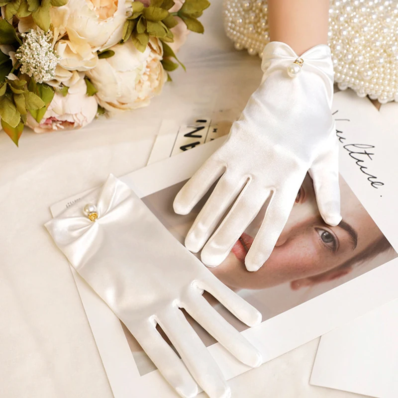 23cm Women Solid Smooth Imitation Satin Pendant Short Gloves Cosplay Stage Performance Party Concert Wedding Bride