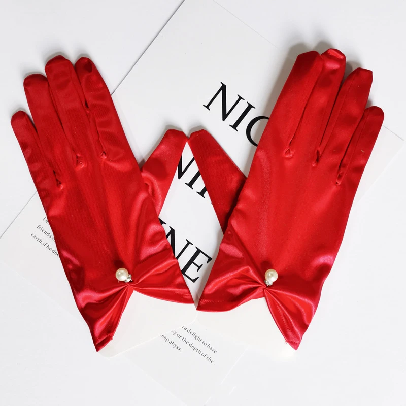 23cm Women Solid Smooth Imitation Satin Pendant Short Gloves Cosplay Stage Performance Party Concert Wedding Bride