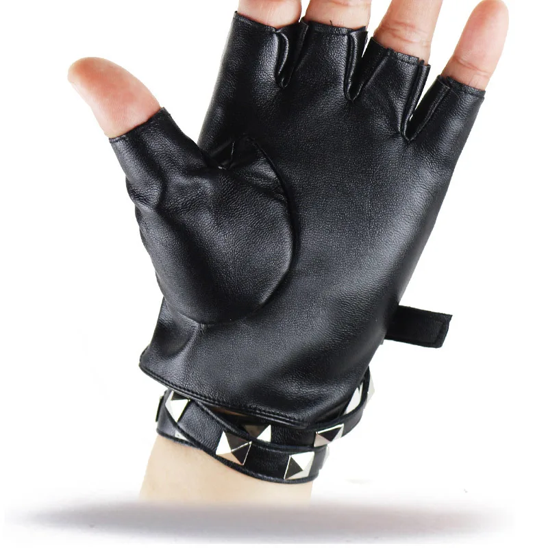 Child and Adult Half Finger PU Leather Gloves Rock Punk Style Rivet Fingerless Gloves Mittens Hollow Bandage Party Show Gloves