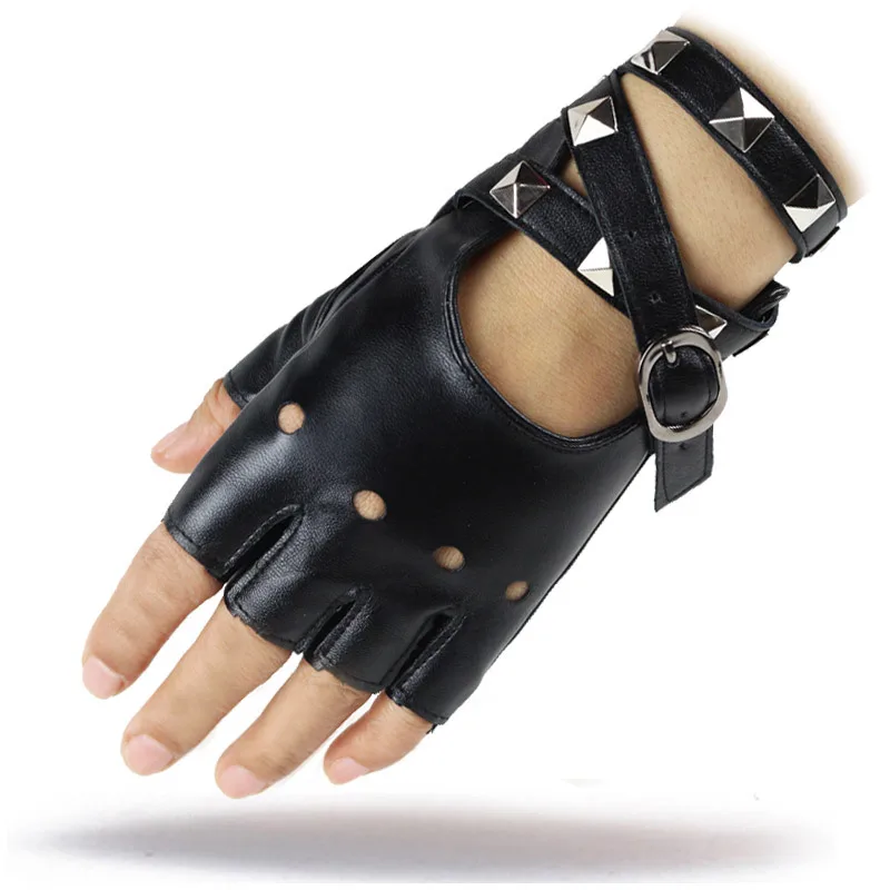 Child and Adult Half Finger PU Leather Gloves Rock Punk Style Rivet Fingerless Gloves Mittens Hollow Bandage Party Show Gloves