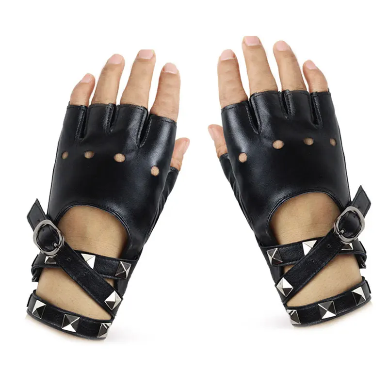Child and Adult Half Finger PU Leather Gloves Rock Punk Style Rivet Fingerless Gloves Mittens Hollow Bandage Party Show Gloves