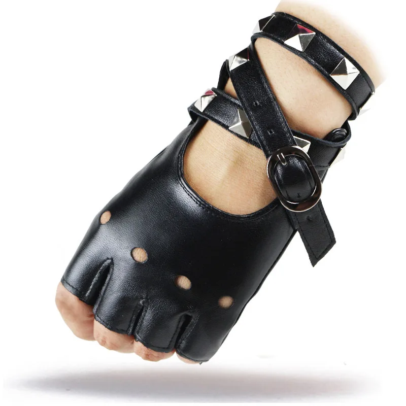 Child and Adult Half Finger PU Leather Gloves Rock Punk Style Rivet Fingerless Gloves Mittens Hollow Bandage Party Show Gloves