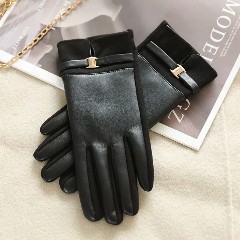 Women Winter Thick Suede Leather Gloves Fashion Elegant Retro Cycling Drive Keep Warm Touch Screen Windproof Soft Comfortable
